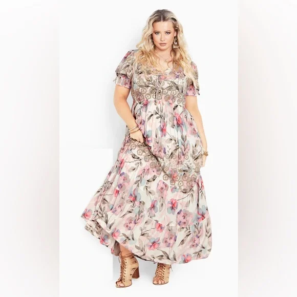 chinese dress ladies Mocha Satin Floral Print Maxi Dress